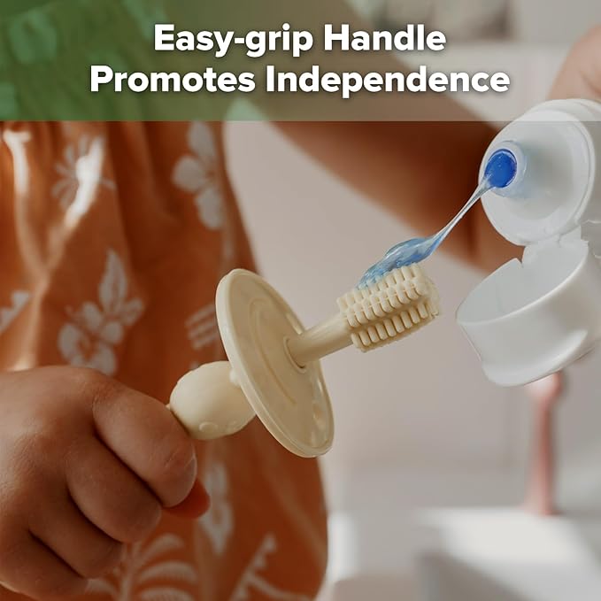 haakaa 360° Baby Toothbrush with Suction Base - Gentle Cleaning for Infant Self-Brushing Training, Food-Grade Silicone, Adjustable Safety Shield - Cream (1 Piece)