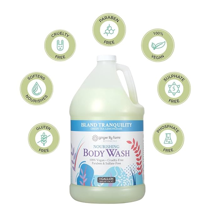 Ginger Lily Farms Botanicals Nourishing Body Wash, Island Tranquility, 100% Vegan & Cruelty-Free, Green Tea & Lemongrass Scent, 1 Gallon Refill (128 fl. oz.)
