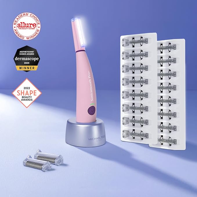 Michael Todd Beauty Sonicsmooth Pro+ Dermaplane Razor for Women Face + Eyebrow trimmer Dermaplaning System w/LED Light Peach Fuzz Remover -16 Dermaplaning Blades & 2 Microsmooth Exfoliation Tips