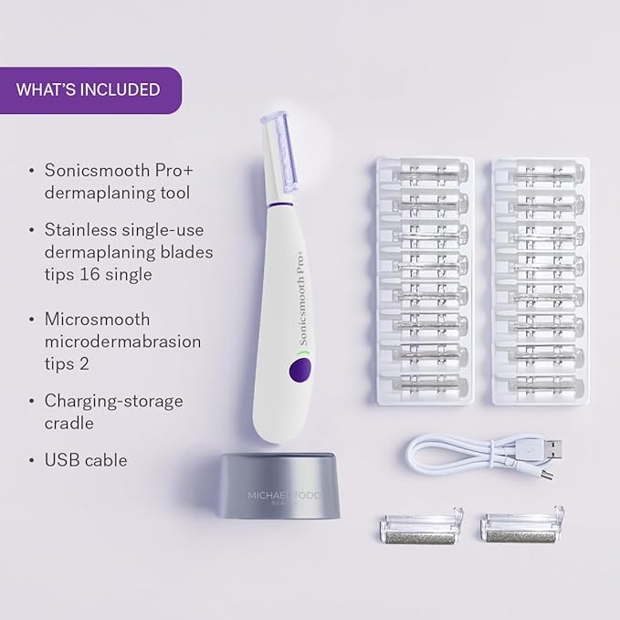 Michael Todd Beauty Sonicsmooth Pro+ Dermaplane Razor for Women Face + Eyebrow trimmer Dermaplaning System w/LED Light Peach Fuzz Remover -16 Dermaplaning Blades & 2 Microsmooth Exfoliation Tips