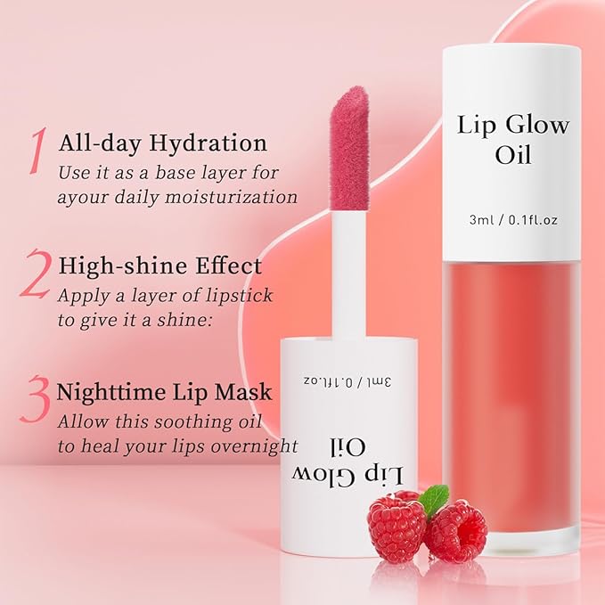 Plumping Lip Oil, Long Lasting Hydrating Lip Stain Lip Balm Raspberry Fruit Revitalizing, Transparent Lip Care Oil for Dry Lip (Raspberry Red)