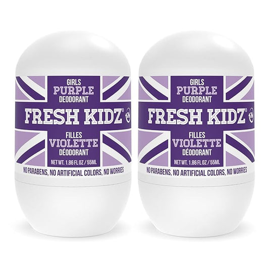 Fresh Kidz Roll On Deodorant for Kids and Teens - Baking Soda and Aluminum-free 24 Hour Protection for Sensitive Skin - Girls "Purple" 1.86 fl.oz. (2 Pack)