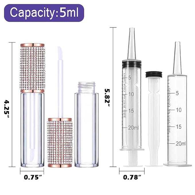 AMORIX 72 Pack 5ml Crystal Rhinestone Lip Gloss Tubes with Wand 5ml Empty Lip Gloss Containers Lipgloss Bottles with Stoppers 4pcs Syringes + Labels for DIY Lip Gloss Balm