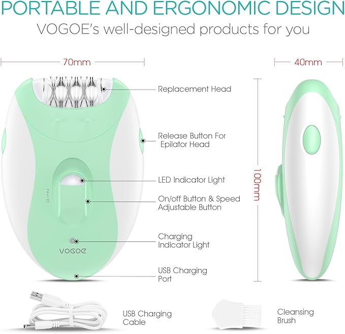 Epilator for Women-Cordless Epilators Hair Removal for Women, 4-in-1 Electric Razor Hair Remover, 2 Speeds & 21 Tweezers for Face Legs Arms Armpit Bikini, Green HR310