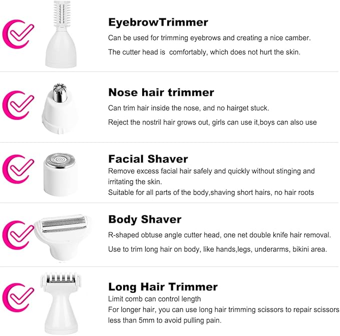 Electric Razor For Women Removal for Body Nose Hair Trimmer Face Shavers Eyebrow Legs Armpit Bikini Area Pubic Underarms Painless Rechargeable Portable 5 in 1 Womens Razors Set