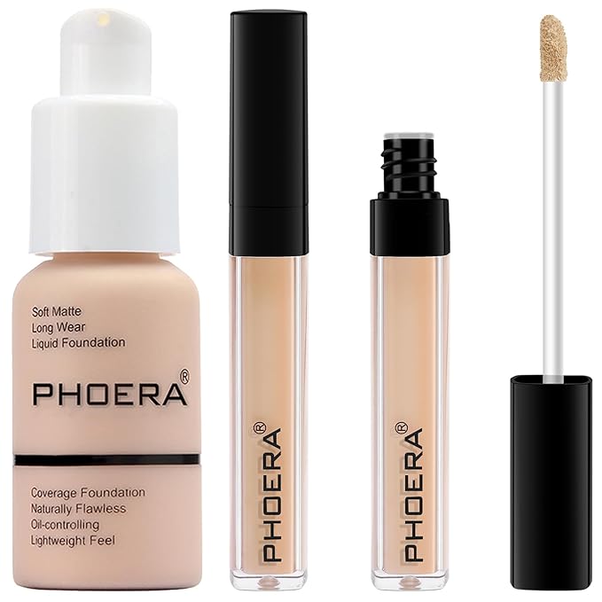 PHOERA Foundation Full Coverage,PHOERA Concealer Lightweight Full Coverage,PHOERA Complexion(101 Porcelain+101#LIGHT)