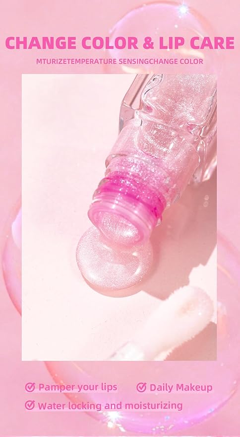 2PCS Cosmetics Color Changing Lip Oil V2, Magic Color Changing Lip Oil Cosmetics, Plumping Lip Oil Moisturizing Lip Gloss, Long Lasting Lip Glow Oil Non-sticky Warm Change Glitter Lip Tint (Pack of 2)