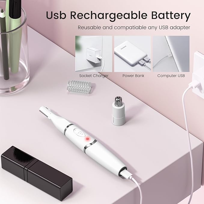 Nose Hair Trimmer for Women - 2 in 1 Professional Painless Eyebrow and Facial Hair Trimmer for Men and Women, USB Rechargeable Trimmer Double Edged Blades Easy to Clean, White