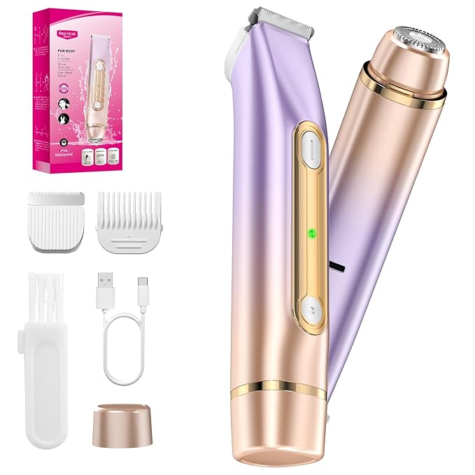 2 in 1 Bikini Trimmer for Women, Dual Head Electric Razor, IPX7 Waterproof Wet/Dry Use Women Electric Shaver, Painless Body Facial Hair Remover for Bikini Legs Arm Underarm, Rechargeable