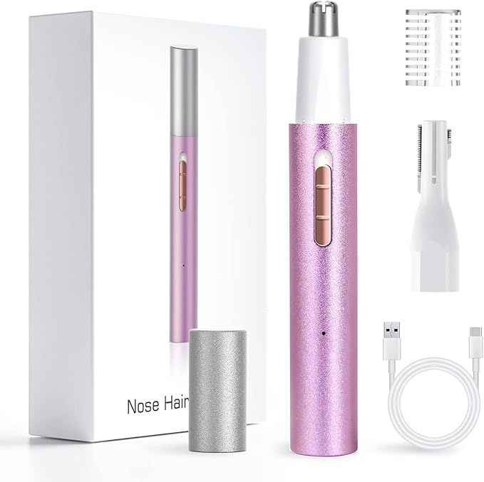 2025 Rechargeable Nose & Ear Hair Trimmer, Dual-Edge Blade Electric Clipper for Women Men, Facial & Eyebrow Hair Removal Tool, Powerful Motor, Painless, Easy to Clean, IPX7 Waterproof (Pink)