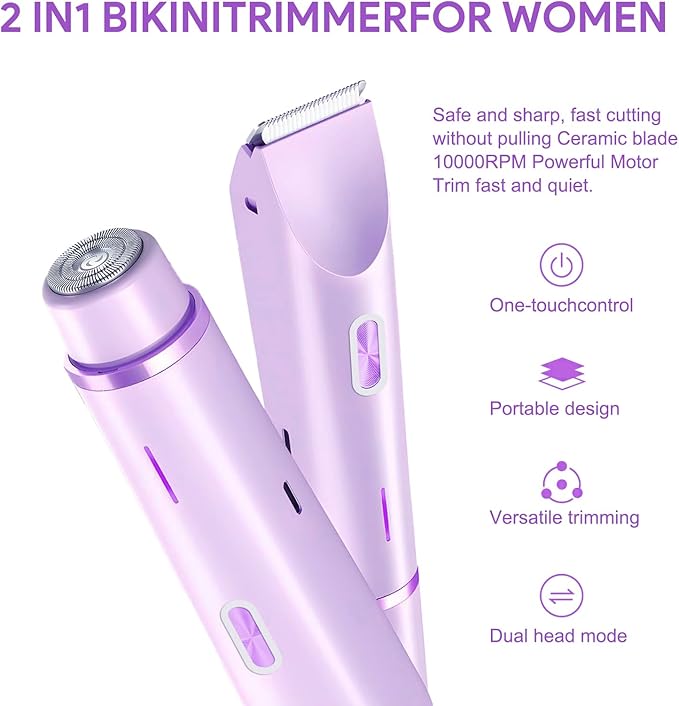 2025 New 2-in-1 Bikini Trimmer & Electric Shaver for Women - Cordless Wet/Dry Electric Razor Kit, Waterproof Hair Removal for Face/Lips/Underarms/Legs/Pubic Areas (Purple)