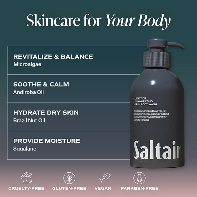 Saltair Body Wash, Black Tide 2-Pack. Moisturizing Body Cleanser with Monoi Oil and Cupuacu Butter. Luxury Shower Gel for Women and Men. Vegan, Cruelty-Free, Paraben-Free. 2x 17oz Pump Bottles