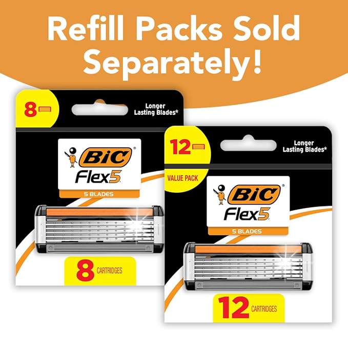 BIC Flex 5 Refillable Refill Razor Cartridges for Men, Long-Blade Razors for a Smooth and Comfortable Shave, 8 Refill Cartridges