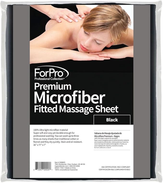 ForPro Professional Collection Premium Microfiber Fitted Sheet for Massage Tables, Ultra-Light, Stain and Wrinkle-Resistant, 36" W x 77" L x 7" H, Black