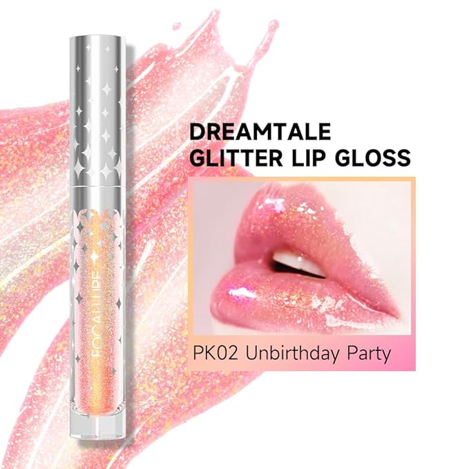 FOCALLURE Glitter Liquid Lipstick,Hydrating,Moisturizing Lip Gloss for Women,Sparkly Shimmer Lip Makeup,Long Lasting,Lightweight Formula for Lip Color and Shine,Unbirthday Party