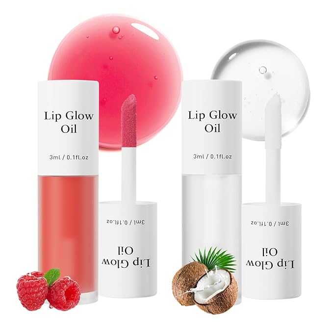 2Pcs Hydrating Lip Glow Oil,Plumping Lip Gloss,Moisturizing Transparent and Nourishing Non-stick Cup Fruit Flavored Lip Oil for Reducing Lip Lines and Lip Care(01#+07#)