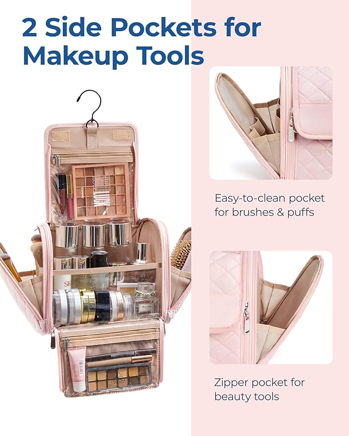 BAGSMART Makeup Bag for Women with Hanging Hook, Large Portable Capacity Water-resistant Organizer Travel Case for Toiletries and Cosmetics, Pink