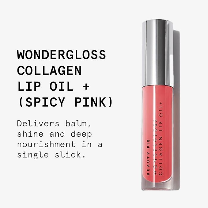 Beauty Pie Wondergloss Collagen Lip Oil + (Spicy Pink) – Hydrating, Plumping, Non-Sticky Gloss with Collagen AC Micro-Vectors & Cherry Oils