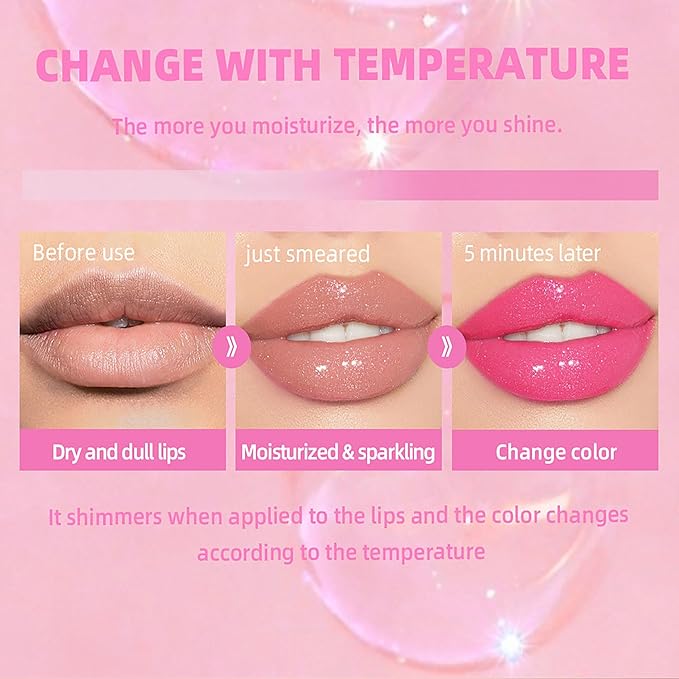 Magic Color Changing Moisturizing Lip Glow Oil - Big Brush Plumping Glimmer Lipstick, Fresh Texture, Hydrating, Non-Sticky Long Lasting Gloss