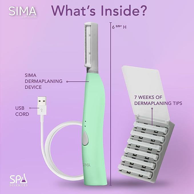 SPA SCIENCES - SIMA Patented Dermaplane Razor for Women Face – Painless 2-in-1 Facial Exfoliation & Peach Fuzz Hair Removal – Anti-Aging – 3 Speeds – Rechargeable – 7 Weeks Treatment