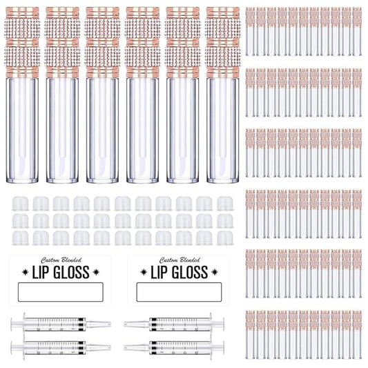 AMORIX 72 Pack 5ml Rose Gold Crystal Lip Gloss Tubes with Wand 5ml Empty Lip Gloss Containers Lipgloss Bottles with 4pcs Syringes + Labels for DIY Lip Gloss