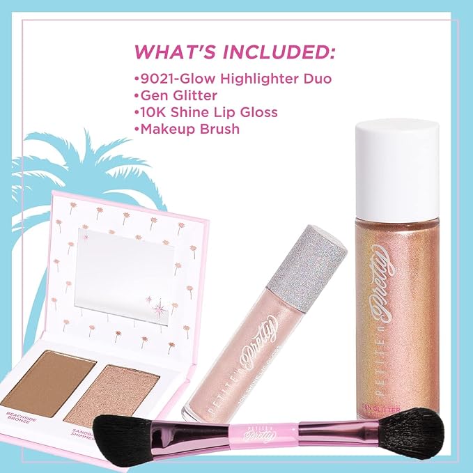 Petite 'n Pretty Makeup Set for Kids (Gold) - Face & Body Makeup for Kids, Tweens, Teens - Highlighter, Body Shimmer Glitter, Lip Gloss, Makeup Brush, Made in the USA