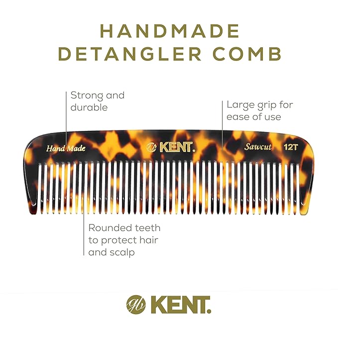 Kent 12T TY Wide Tooth Detangling Comb - 5.5" Handmade Pocket Comb for Thick, Curly, and Wavy Hair, Large Tooth Grooming Comb for Hair, Beard, and Mustache - Saw-Cut and Hand Polished