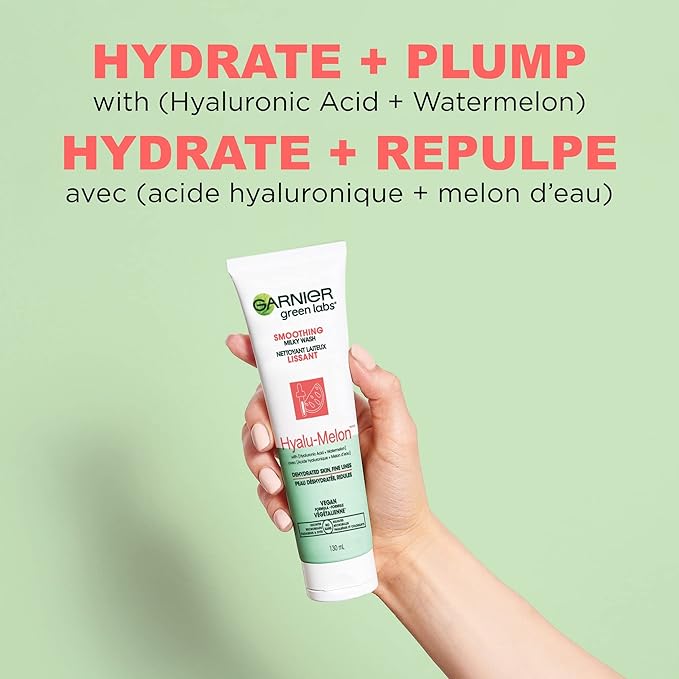 Garnier SkinActive Green Labs Hyalu-Melon Smoothing Milky Washable Cleanser with Hyaluronic Acid + Watermelon for Dehydrated Skin, Fine Lines, (Packaging May Vary), 4.4 FL Oz