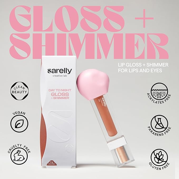 SARELLY CREATIVO LAB | Makeup Set Clear Lip Gloss + Shimmer and Shine | Beauty Vegan Skincare Make Up - Trending Lip Makeup | Peony Carajillo & Rose Quartz flakes