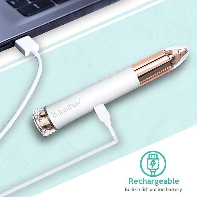 2-in-1 Portable Rechargeable Painless Eyebrow Trimmer & Facial Hair Remover, removes Eyebrow, face, Lips and Body Hair for Women. 18K Gold Plated Hypoallergenic Heads, 360° LED Light for Hair Remover