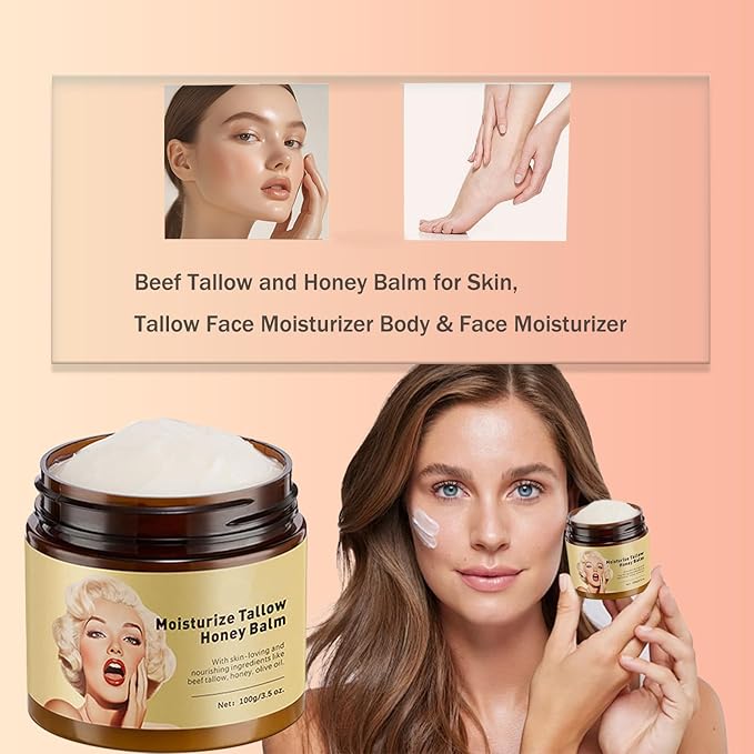 Whipped Beef Tallow and Honey Balm, Grass-Fed Beef Tallow & Raw Wild Honey Blend Moisturizer, 3.5oz, Tallow Face Moisturizer Body & Face Moisturizer Infuses the Body with honey To Moisturize the Skin