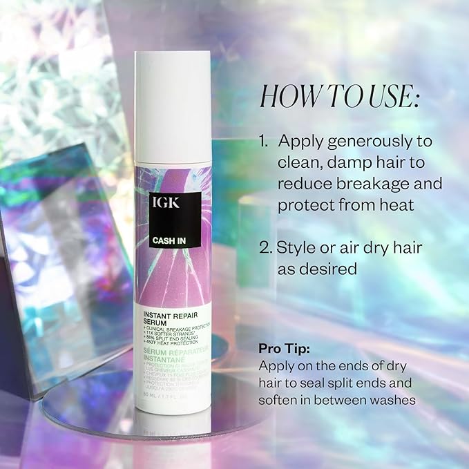 IGK Cash In Instant Repair Hair Serum | Reduce Breakage + Increase Strength | Silicone-Free | 1.7 oz (Pack of 2)