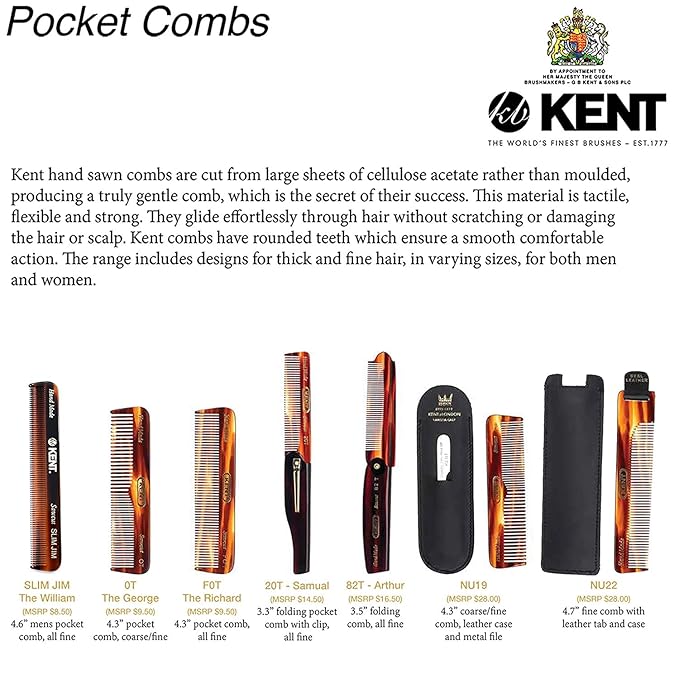 Kent 82T Handmade Folding Pocket Comb for Men, Fine Tooth Hair Comb Straightener for Everyday Grooming Styling Hair, Beard or Mustache, Use Dry or with Balms, Saw Cut Hand Polished, Made in England