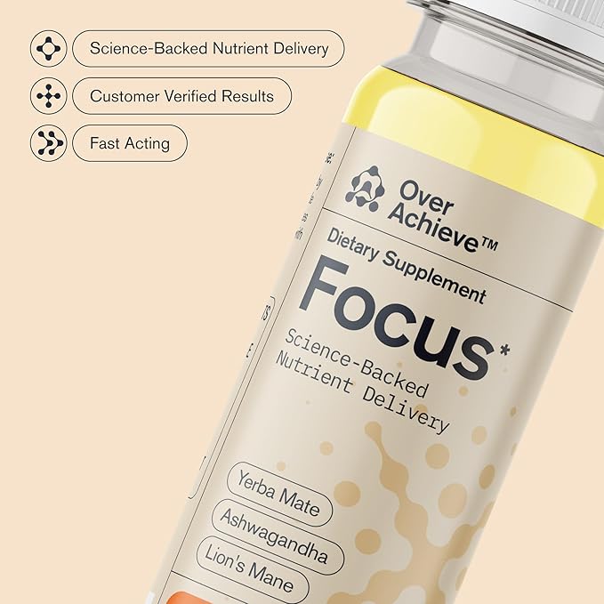 Focus Drink for Concertation - Contains Yerba Mate, Ashwagandha and Lions Mane Mushroom with Advanced Nanoscience Technology - 12 Pack Brain Focus Drink, Orange Flavor, 2oz