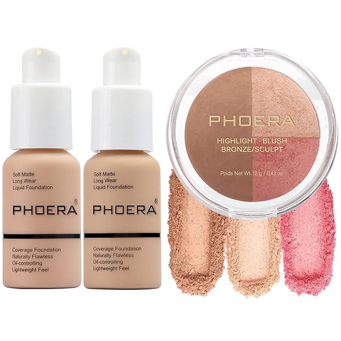 PHOERA Foundation, PHOERA Contour Palette,Shades with Highlighter & peach+Buff Beige+#002)