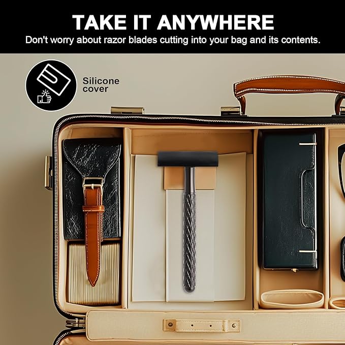 Double Edge Safety Razor for Men with Stand and Silicone Cover - Durable Metal Eco-Friendly Single Blade Safety Razor with 10 Blades - Closed Smooth Shave Matte Black