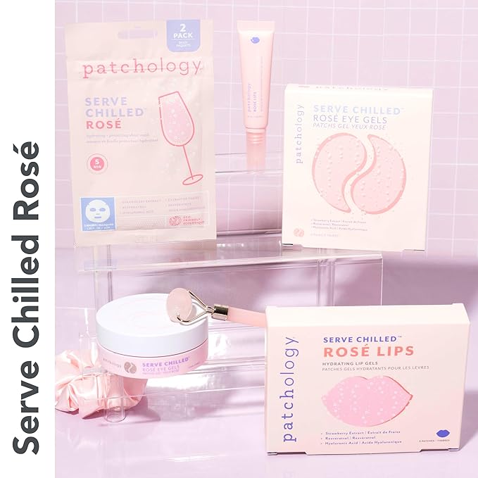 Patchology Rosé Gel Lip Mask - Overnight Lip Sleeping Mask with Resveratrol & Hyaluronic Acid for Moisturizing & Hydrating Dry Lips - Strawberry Scented Lip Care Solution (5 Count)