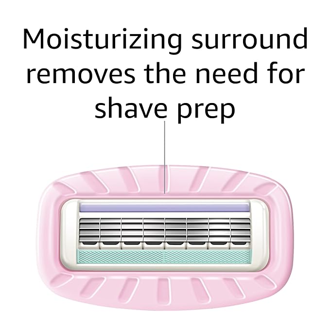 Amazon Basics Women's 4 Blade Razor for Women, Fits AmazonBasics & Venus Handles, Moisturizing Surround, 4 Count, Includes 1 Handle, 2 Cartridges & 1 Shower Hanger, Pink (Pack of 2)