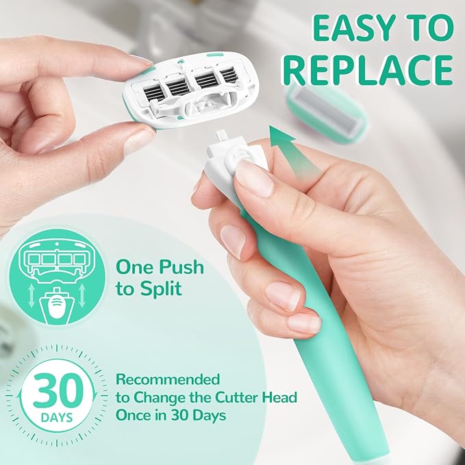 DreamGenius Razors for Women Include 1 Non-Slip Handles and 7 Blade Refills with a Shower Holder, 5 Premium Blades Women's Razors for Shaving with 360° Lubrication Reduces Irritation, Green