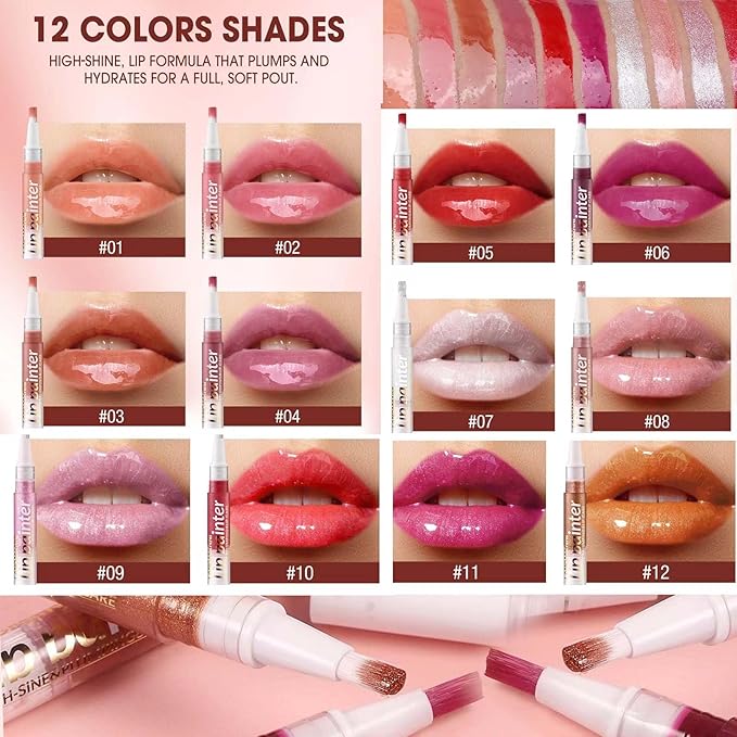 2 in 1 Rose Red Shimmer Lip Gloss Lip Plumper Gloss Tinted Glitter Lipgloss Lipstick Moisturizing High Shine And Vegan Plumping Lip Gloss For Women Girls Long-Lasting Dry Lip Care (10#)