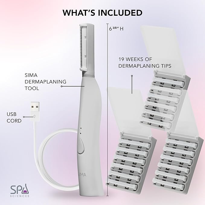 SPA SCIENCES - SIMA Patented Dermaplane Razor for Women Face – Painless 2-in-1 Facial Exfoliation & Peach Fuzz Hair Removal – Anti-Aging – 3 Speeds – Rechargeable – 21 Weeks Treatment