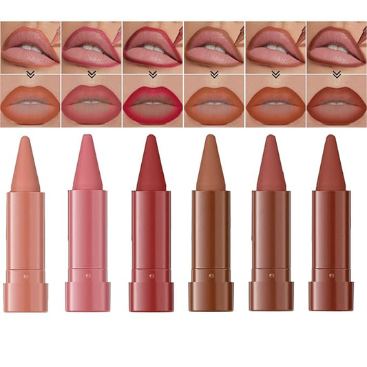 Jolilab 6PCS Lip Liner Lipstick Mini Set, Gradient Matte Nude Velvet Lip Liner Pencil High Pigmented Long Lasting Natural Smooth Lip Makeup Easy-to-Use Crayon Form and Cone Tip