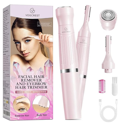 Women's Eyebrow Trimmer & Facial Hair Remover, 2 in 1, Double Rotating Blades, Safe, Painless, Hypoallergenic, Rechargeable, USB Charging