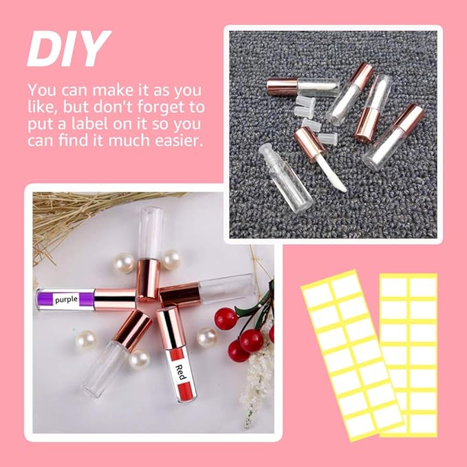AMORIX 50PCS Mini Lip Gloss Tubes with Wand 1.2ml Empty Lip Gloss Containers Refillable Travel Lip Balm Bottles for Samples with 5ml Syringes DIY Lip Gloss Base + Tag Labels (Rose Gold)
