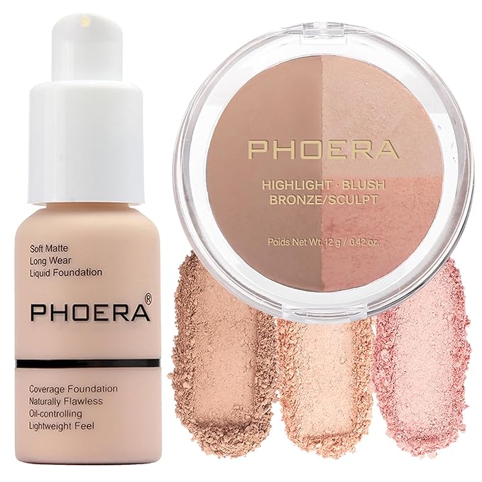 PHOERA Foundation, PHOERA Contour Palette,Shades with Highlighter & #001 Contour/Porcelain+#001)