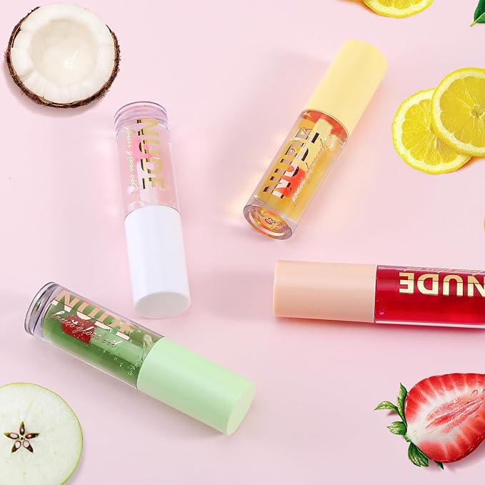Color Changing Lip Oil Set, Hydrating Lip Glow Oil, High Shiny Plumping Lip Oil, Non-Sticky Lip Gloss, Nude Fruity Glow Oil