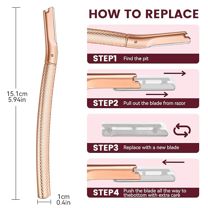Eyebrow Razor-Face Razors for Women-Dermaplaning Tool for Face Exfoliation & Peach Fuzz with 12 Refill Blades-Facial Dermaplane Razors Shaver-Rose Gold