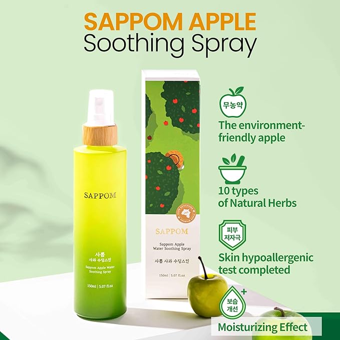 Green Apple, SAPPOM Apple Water Soothing Spray Mist, for All Skin Types, After Shave, Refresh and Hydrating Toner, Natural Herbal Care