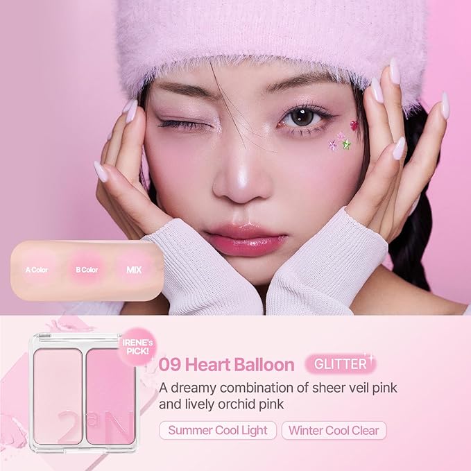 2aN Dual Color Face Blusher, Buildable & Blendable Cheek Color, Natural & Vibrant Finish, Long-Lasting Powder Blush, Blends Easily with Natural Skin Tones, Korean Beauty (09 Heart Balloon)