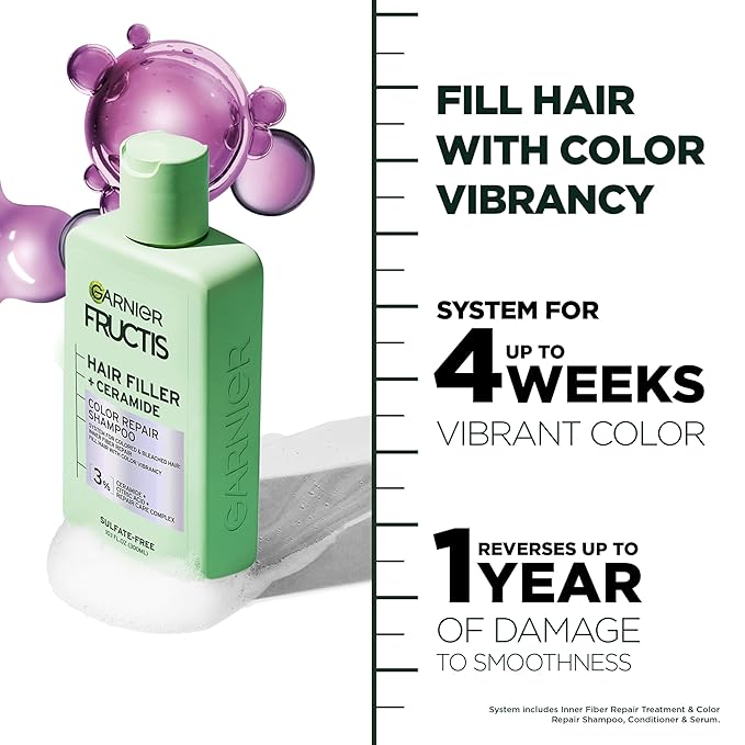 Garnier Fructis Hair Filler Color Repair Shampoo with Ceramide, Smoothing & Sulfate Free Shampoo for Colored, Bleached Hair, 10.1 Fl Oz, 1 Count